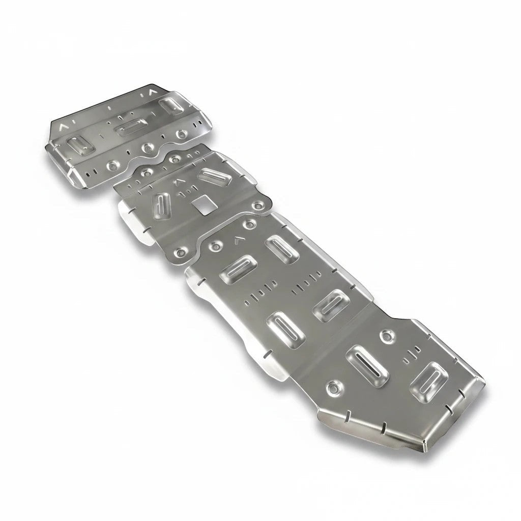 Ninja Cruiser LC200 skid plate, silver aluminum, protective underbody shield with embossed details and cutouts.