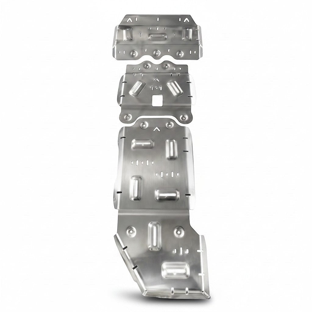 Ninja Cruiser LC200 skid plate set, made of brushed aluminum, protects motorcycle undercarriage.