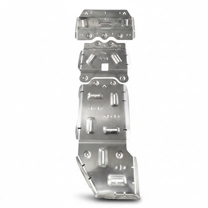 Ninja Cruiser LC200 skid plate set, made of brushed aluminum, protects motorcycle undercarriage.