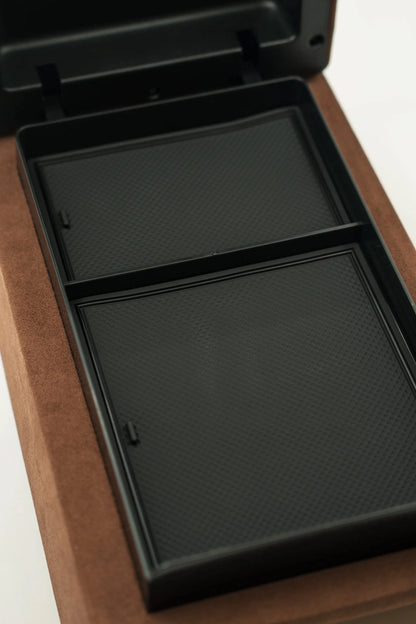Close-up of Ninja Cruiser premium tan leather center console interior storage tray Matching interior accessories for 70 71 76 78 series Land Cruiser.