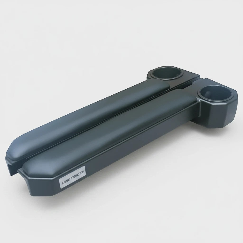 Ninja Cruiser magnetic door armrest and cup holder for Land Cruiser 70 Series. Black ABS plastic with padded top.