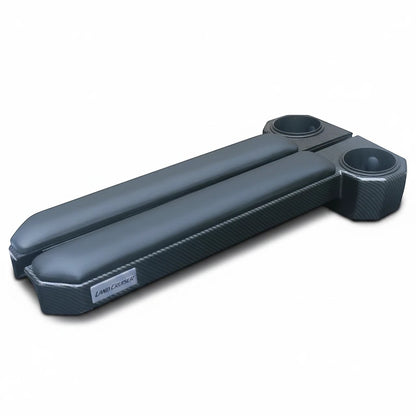 Ninja Cruiser magnetic door armrest and cup holder for Land Cruiser 70 Series. Padded dark grey armrests with carbon fiber trim  base dual cup holder