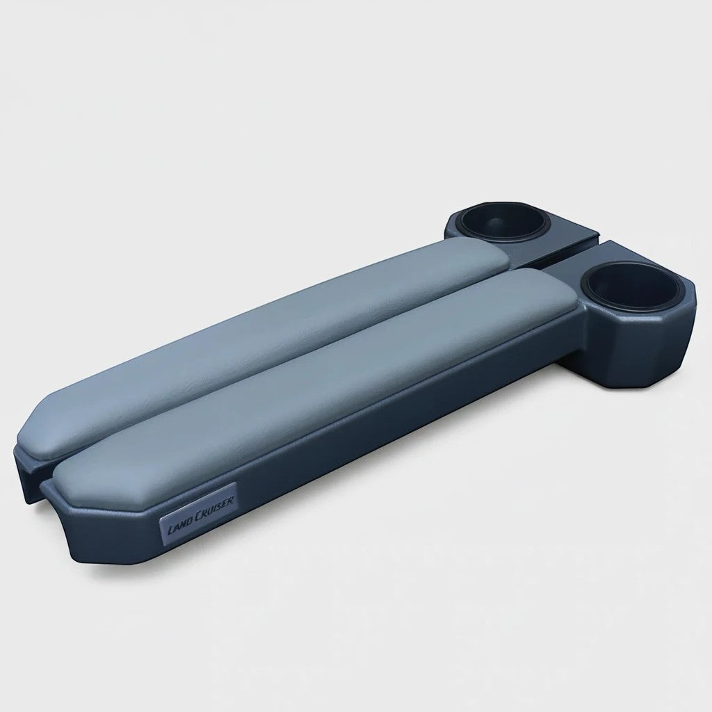 Ninja Cruiser magnetic door armrest and cup holder for Land Cruiser 70 Series. Padded grey top with dark grey base.