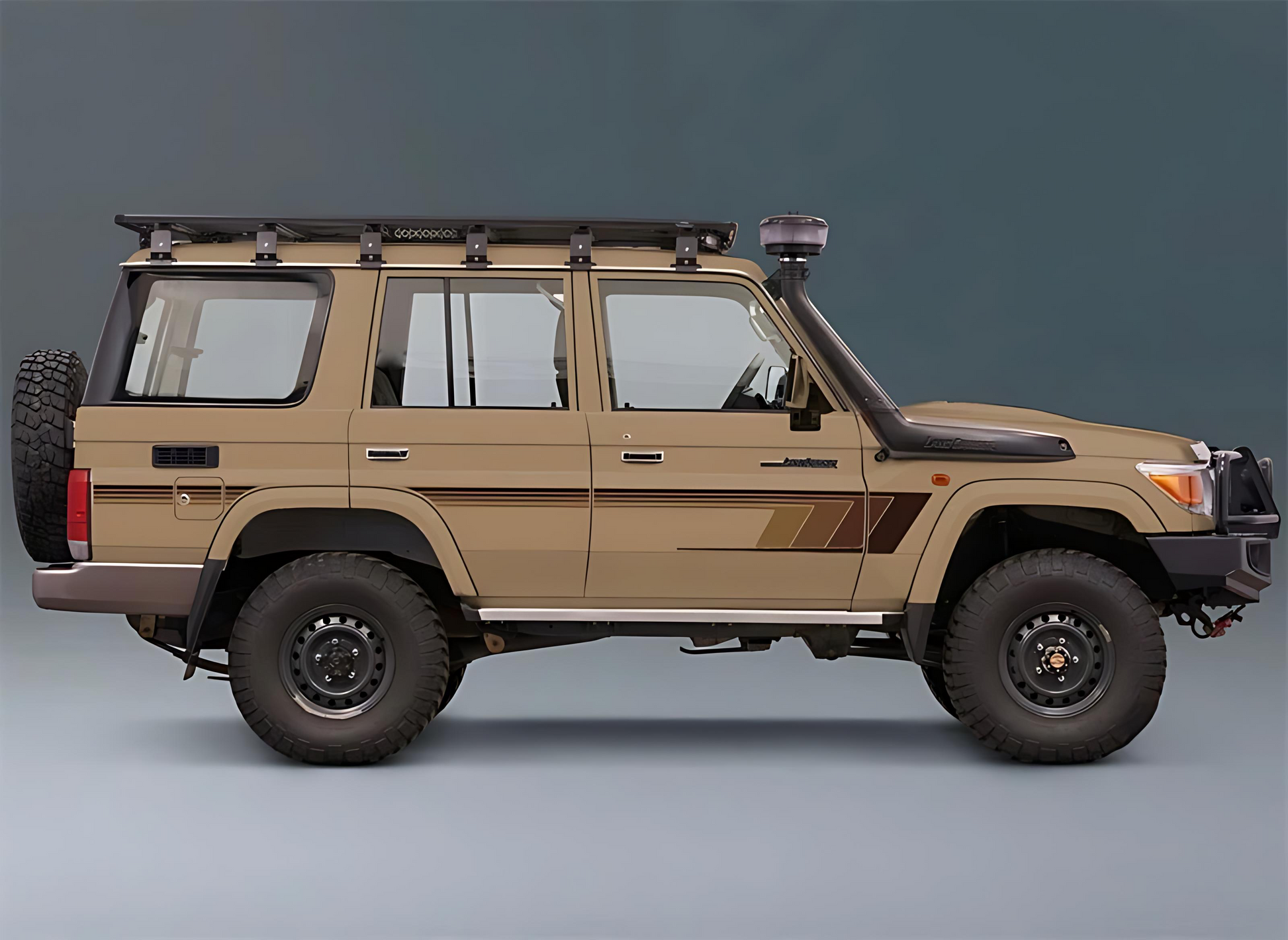 Beige Land Cruiser 76 off-road vehicle with roof rack on a gray background and brown stripe sticker