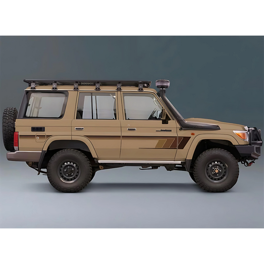 Beige Land Cruiser 76 off-road vehicle with roof rack on a gray background and brown stripe sticker