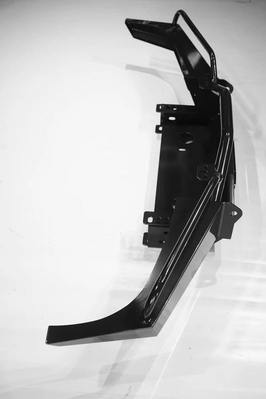 Heavy duty Slee-Shortbus style front bumper for Toyota Land Cruiser 80 Series and Lexus LX450, black powder coated, winch-ready design top side view