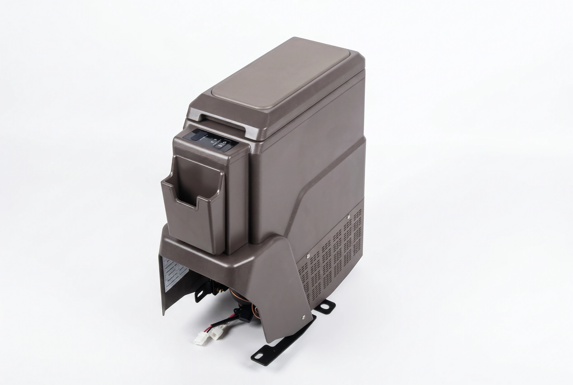 Toyota Land Cruiser 70 Series centre console refrigerator in brown studio product shot with mounting brackets