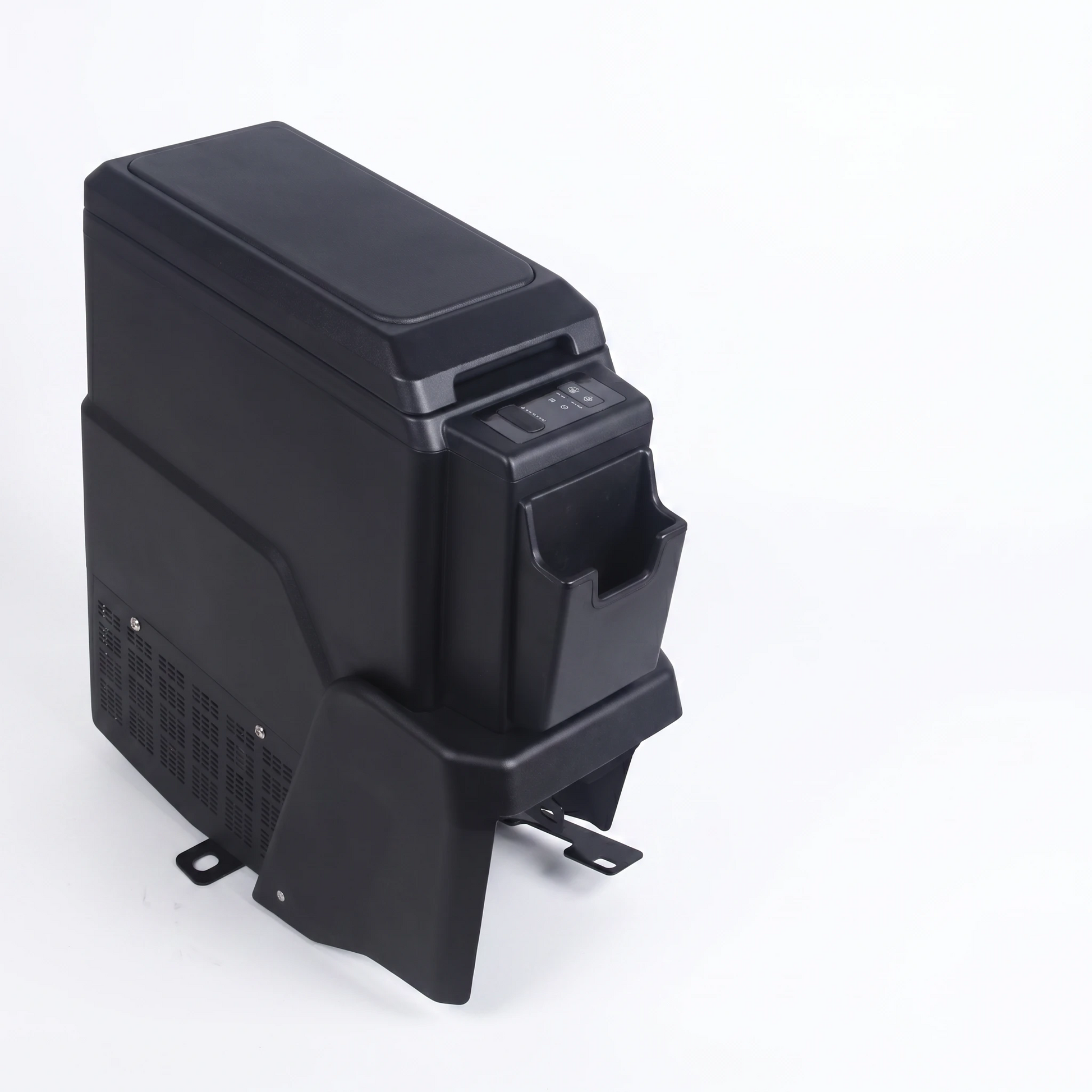 Toyota Land Cruiser 70 Series centre console refrigerator in matte black studio product shot with mounting brackets