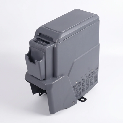 Toyota Land Cruiser 70 Series centre console refrigerator in grey studio product shot with mounting brackets