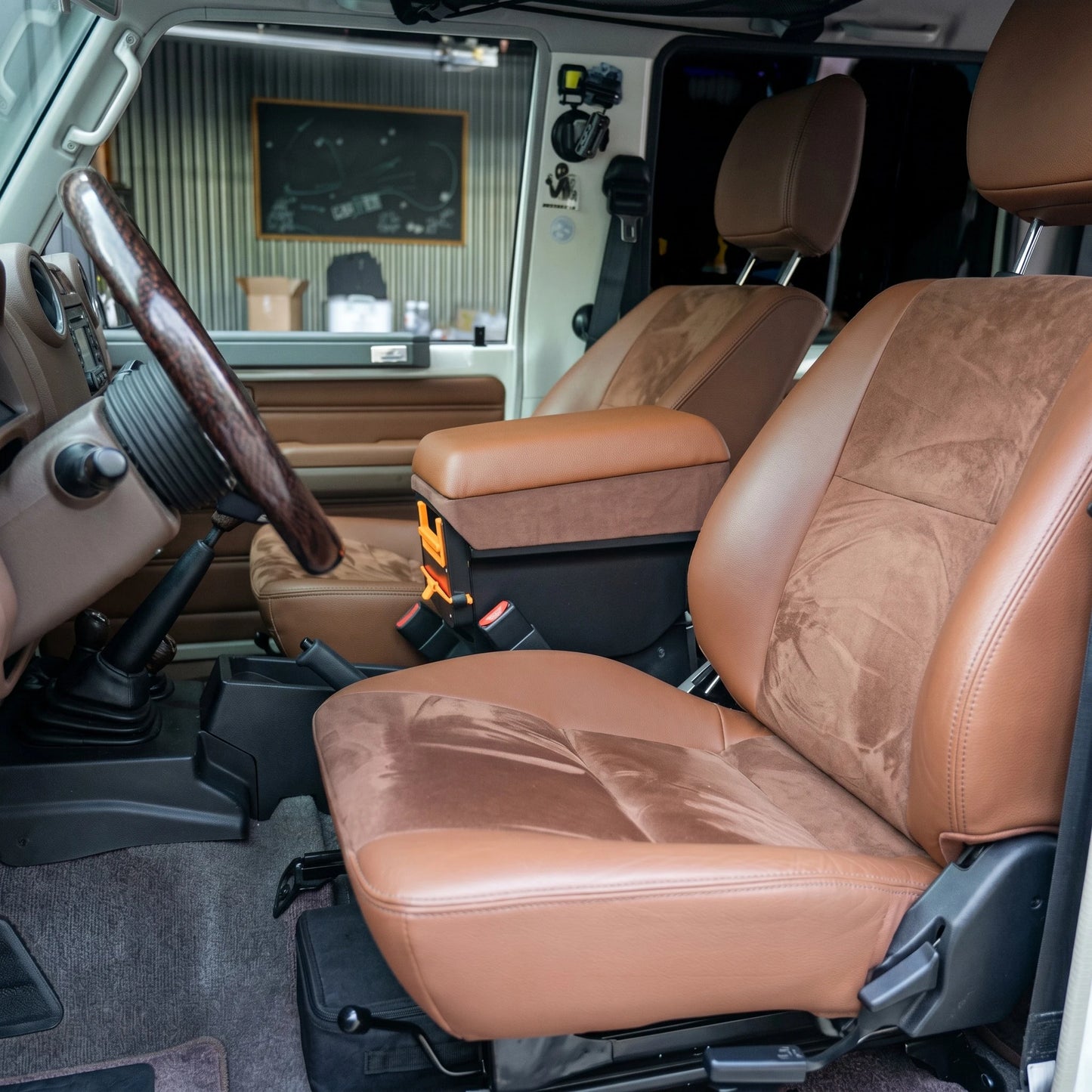 Tan brown center console armrest with drawer fully installed in LC71 LC76 LC78 LC79 interior