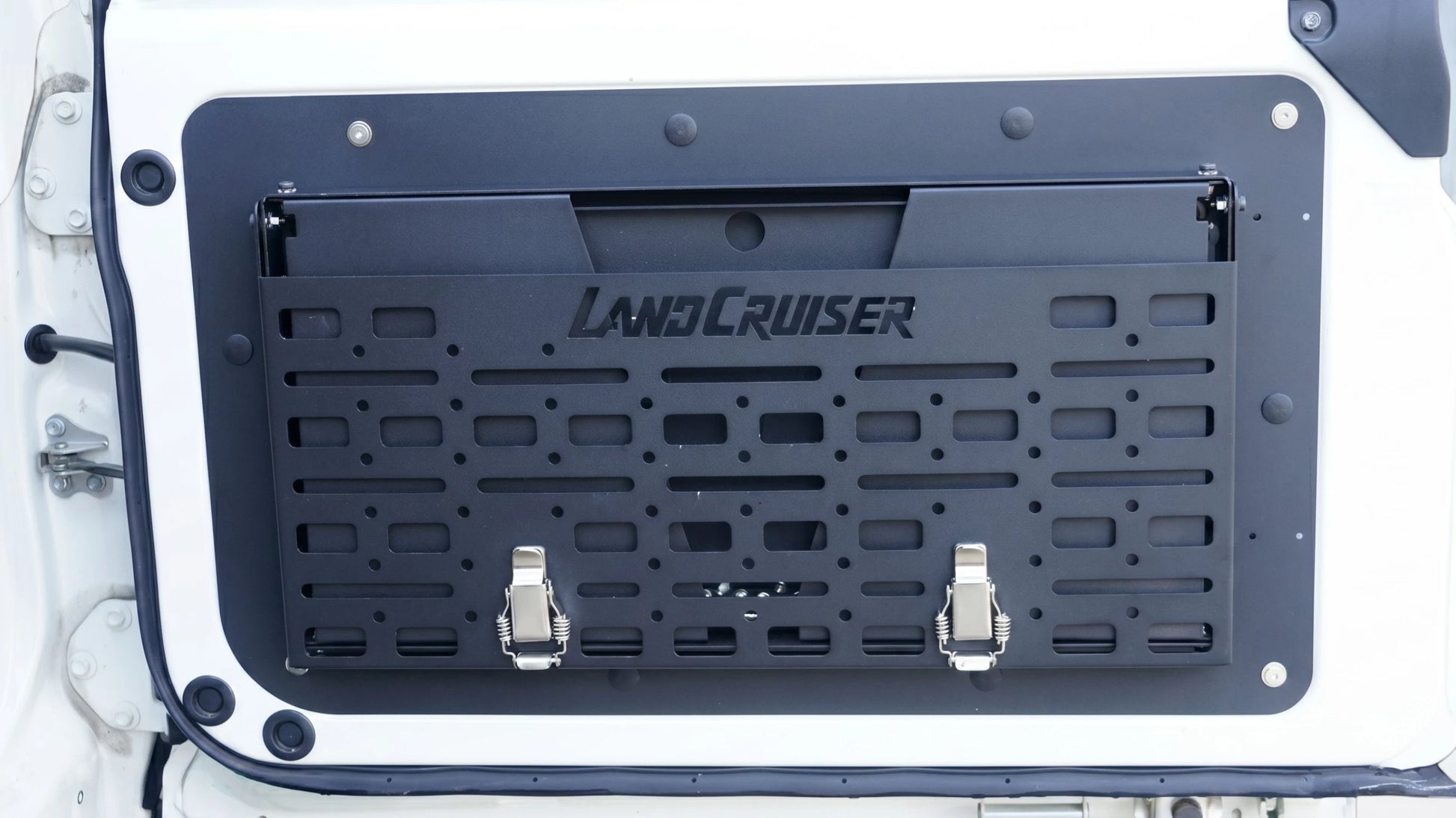 Rear tailgate MOLLE storage panel installed on Toyota Land Cruiser LC76