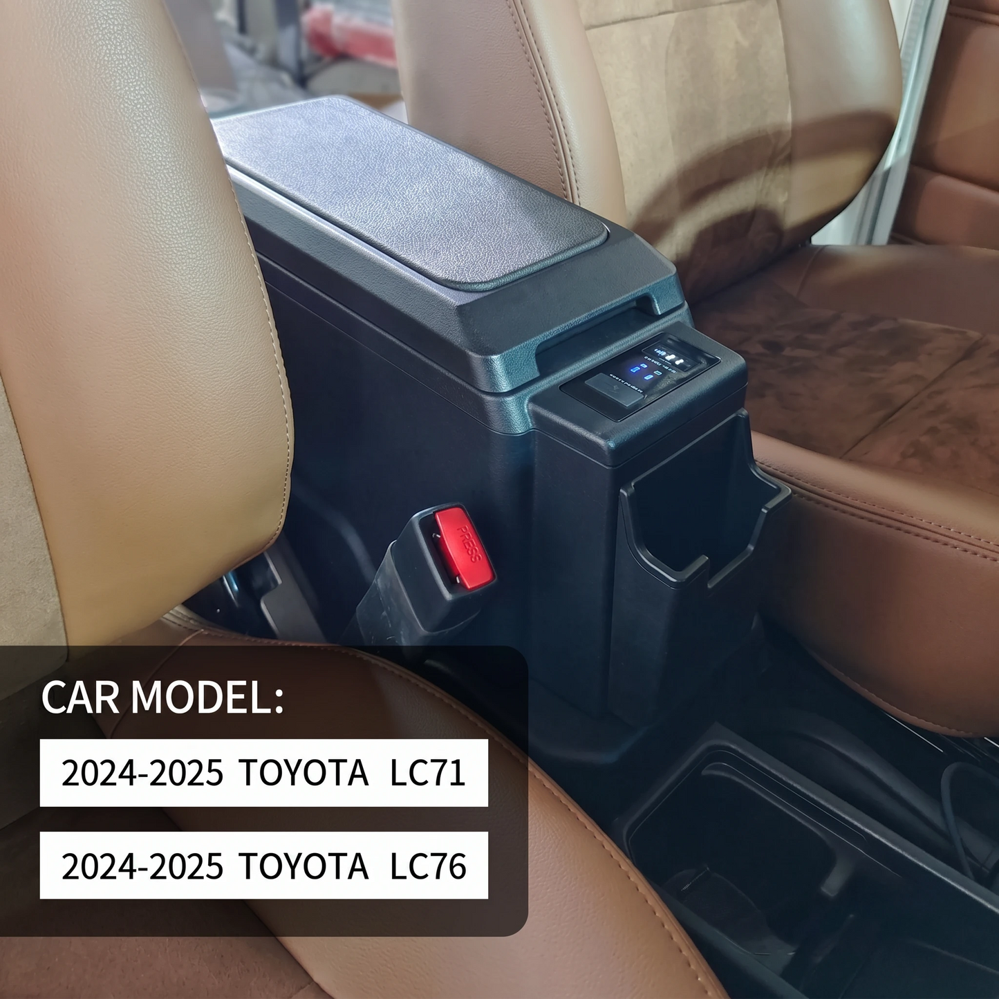 Toyota LC71 LC76 2024-2025 new generation centre console fridge installed in black showing cup holder and controls