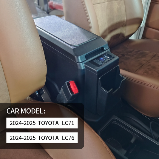 Toyota LC71 LC76 2024-2025 new generation centre console fridge installed in black showing cup holder and controls
