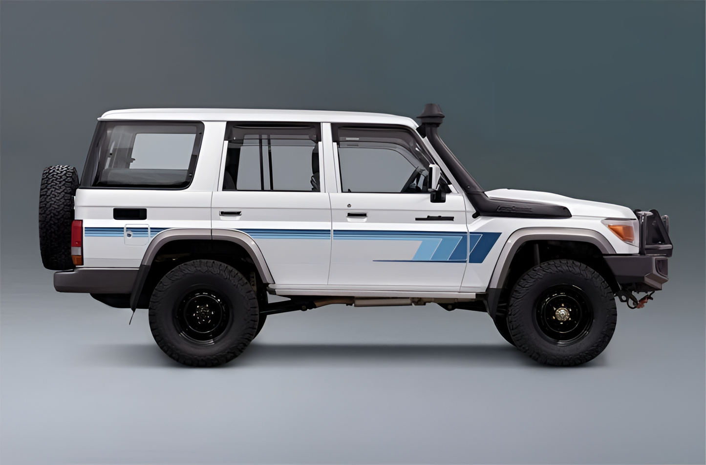 digital illustration of white Land Cruiser 76 series SUV with blue stripes body decal on a gray background