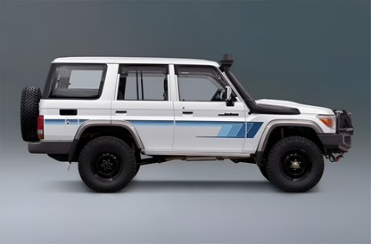 digital illustration of white Land Cruiser 76 series SUV with blue stripes body decal on a gray background