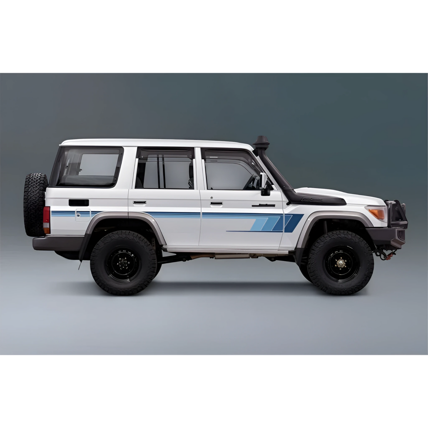 digital illustration of white Land Cruiser 76 series SUV with blue stripes body decal on a gray background