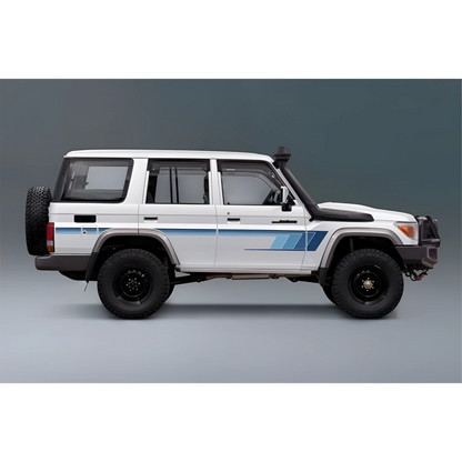 digital illustration of white Land Cruiser 76 series SUV with blue stripes body decal on a gray background