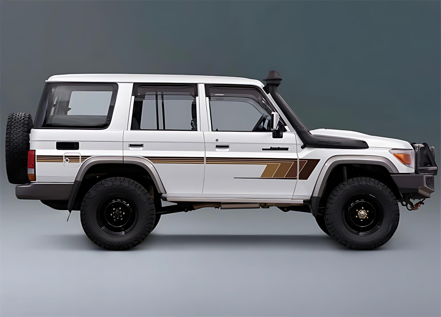 White LC76 vehicle with brown decal sticker stripe and black tires on a gray background