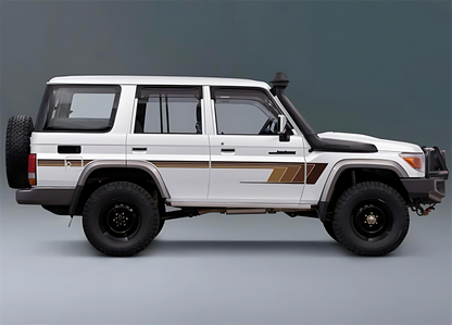 White LC76 vehicle with brown decal sticker stripe and black tires on a gray background