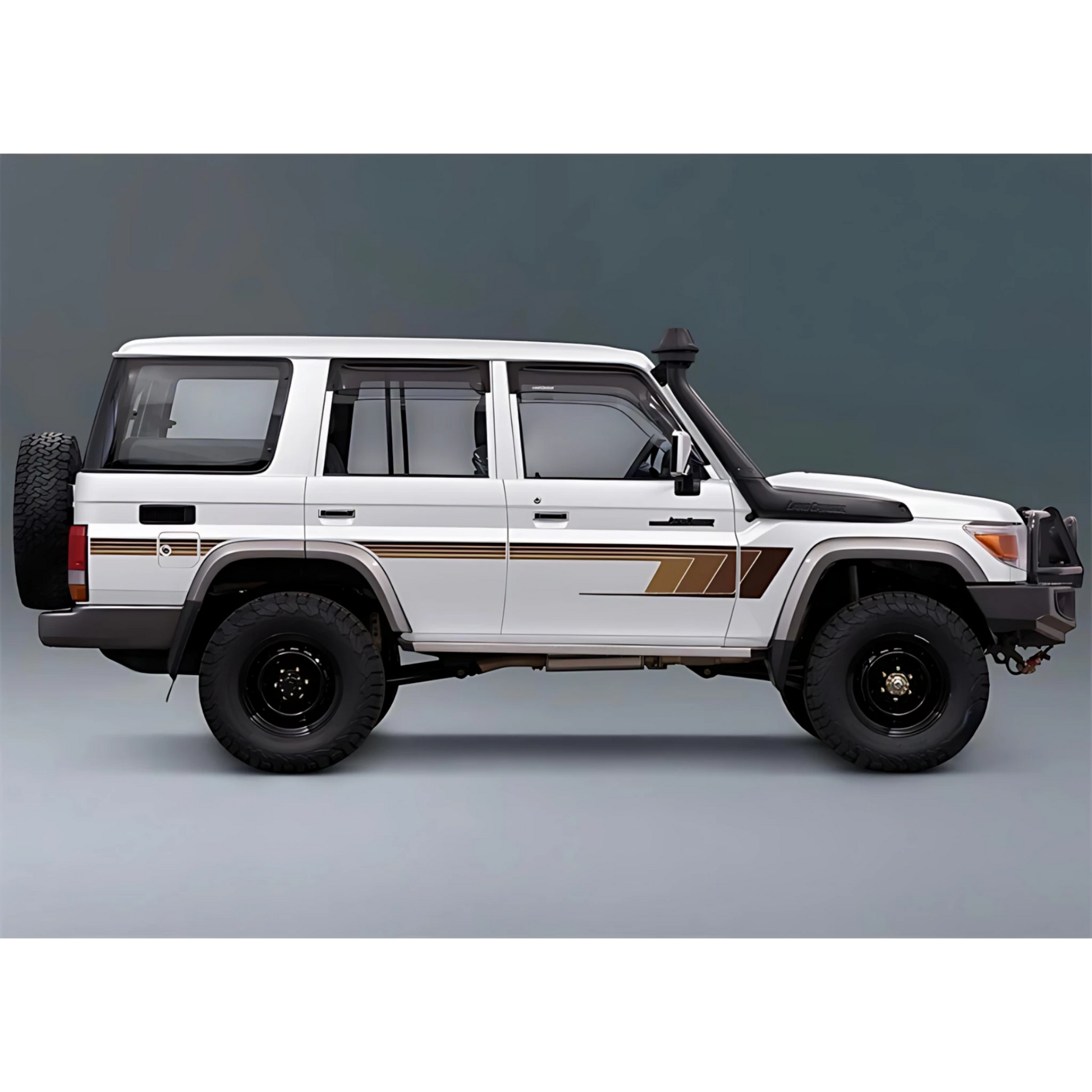 White LC76 vehicle with brown decal sticker stripe and black tires on a gray background