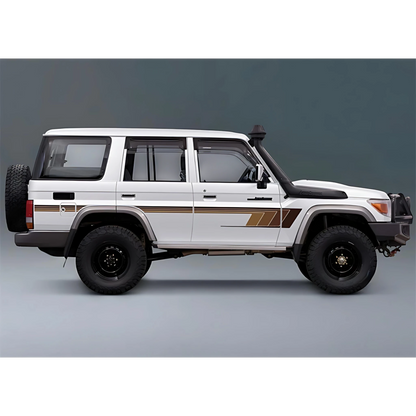 White LC76 vehicle with brown decal sticker stripe and black tires on a gray background